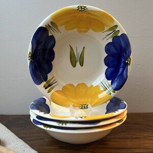 Maxam La Primula 4 Soup Bowls 8.25" Blue & Yellow Flowers Hand Painted Italy